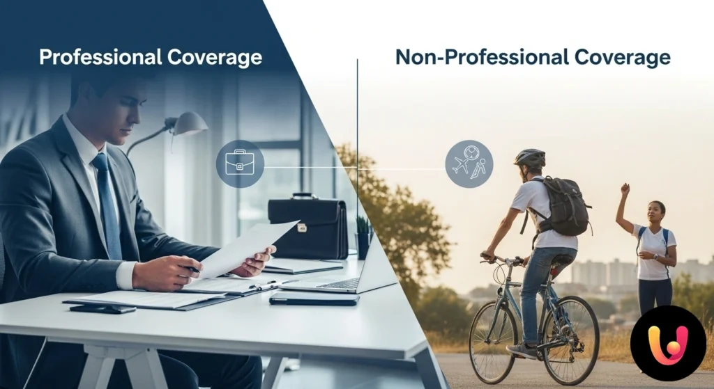 Accident Insurance: Professional vs. Non-Professional. What Does It Really Cover? Persona rappresentata in due contesti distinti: al lavoro alla scrivania e nel tempo libero, a simboleggiare la doppia copert