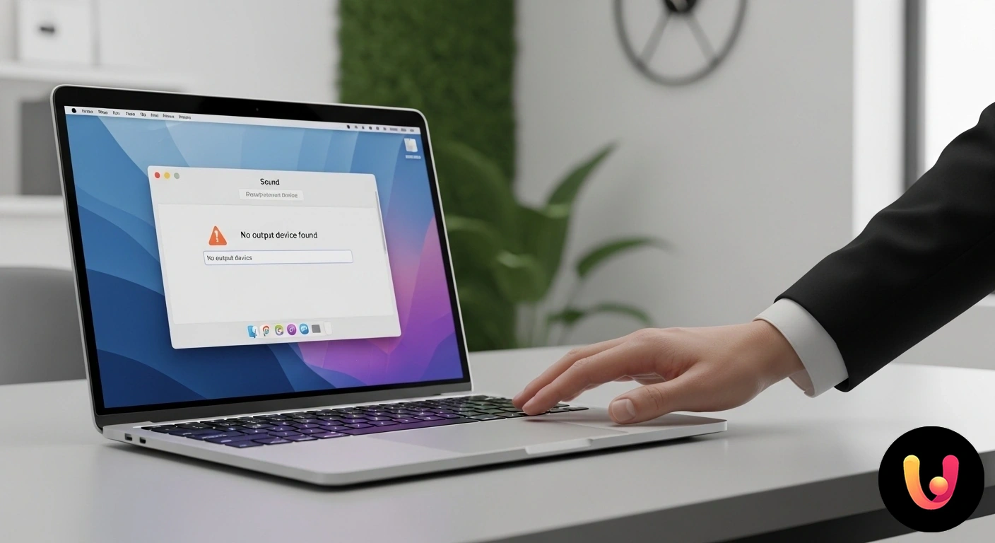 Schermata delle preferenze di suono su macos che mostra il messaggio di errore 'nessun dispositivo di uscita trovato'.