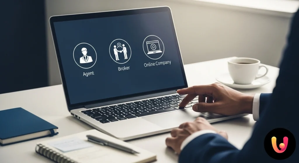 Professionista freelance di fronte a un bivio con tre percorsi che rappresentano le scelte: agente, broker e compagnia online