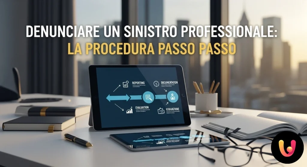 Professionista alla scrivania che consulta con attenzione i documenti necessari per la denuncia di un sinistro assicurativo.