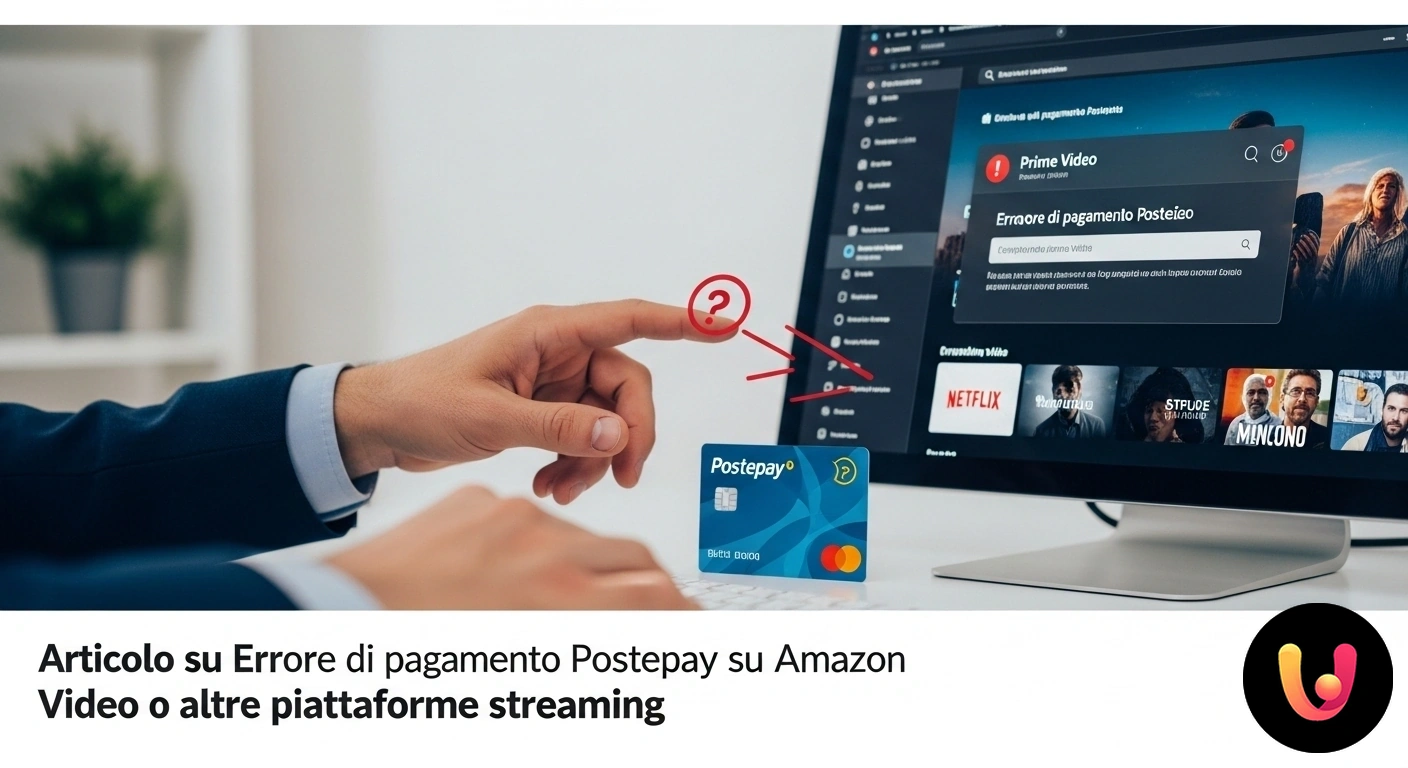 Errore Pagamento Postepay su Amazon Prime? Risolvi subito. Notifica di transazione fallita su un servizio streaming visualizzata su laptop, con carta postepay in primo piano.