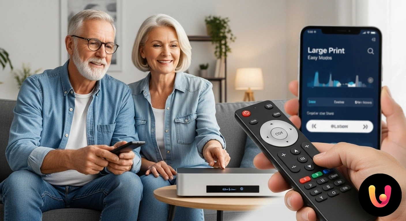 TV e Audio per Anziani: Soluzioni Semplici per un Controllo Senza Stress Persona anziana sorridente seduta in poltrona che utilizza con facilità un telecomando semplificato con pulsanti grandi.