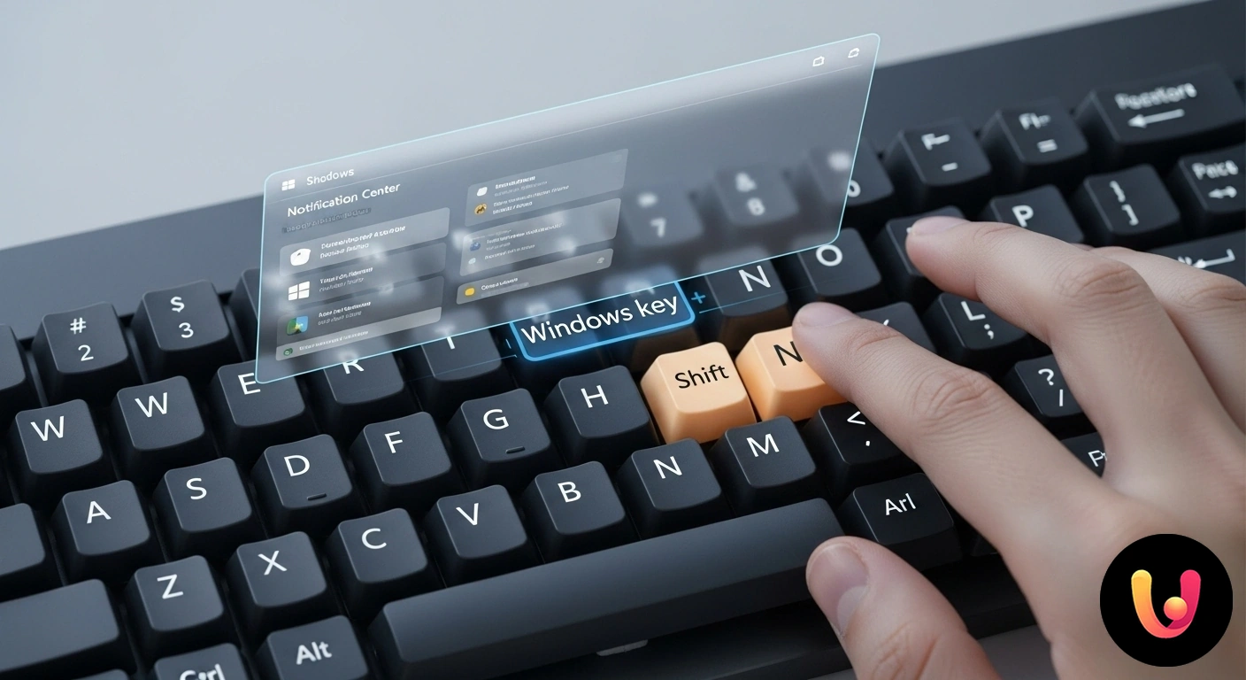 Combinazioni tasti per il Centro Notifiche Windows: la guida rapida. Tasti windows e n evidenziati su una tastiera accanto all'interfaccia del centro notifiche di windows aperta.