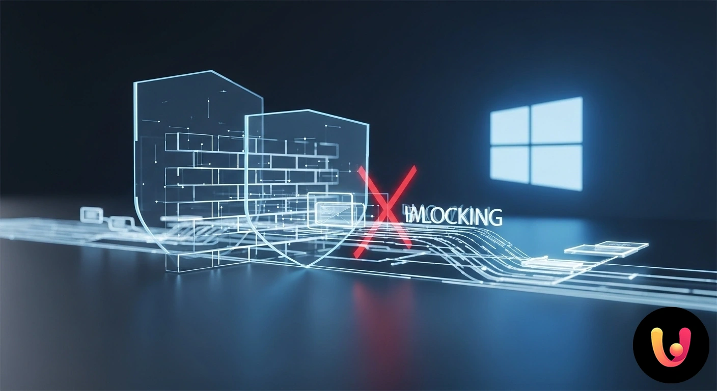 Guida alla risoluzione dei problemi di blocco del firewall su Windows. Schema di un firewall che intercetta pacchetti di dati, a rappresentare i blocchi di connessione su windows.