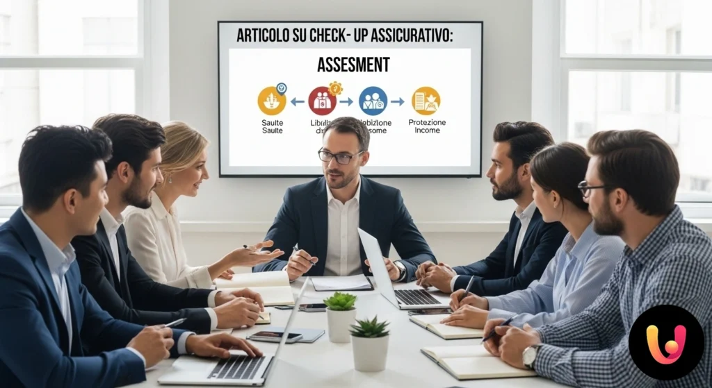 Professionista freelance seduto alla scrivania che esamina una checklist di coperture assicurative con una lente d'ingrandime