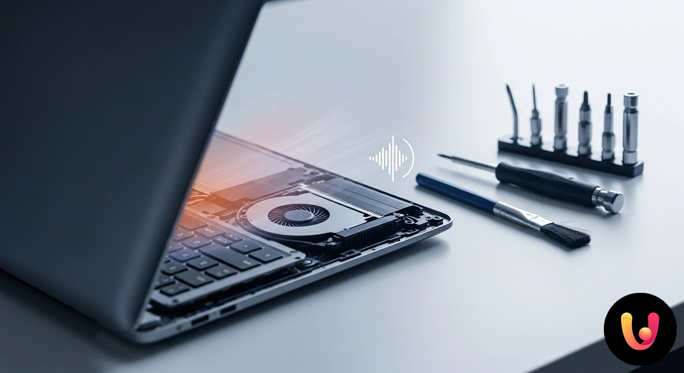 Risolvere problemi di ventola rumorosa: guida alla pulizia del laptop. Primo piano della ventola interna di un computer portatile aperta per manutenzione e pulizia dalla polvere.