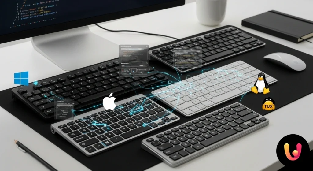 Tastiera stilizzata con tasti personalizzati evidenziati e i loghi dei sistemi operativi windows, macos e linux.