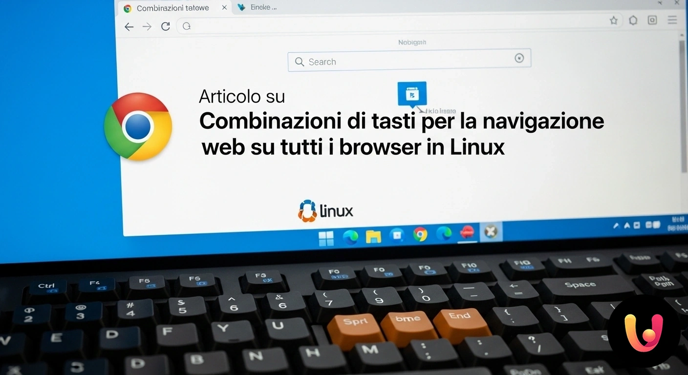 Naviga più velocemente su Linux: le scorciatoie per tutti i browser. Tastiera stilizzata con il pinguino tux di linux e le icone dei principali browser web.