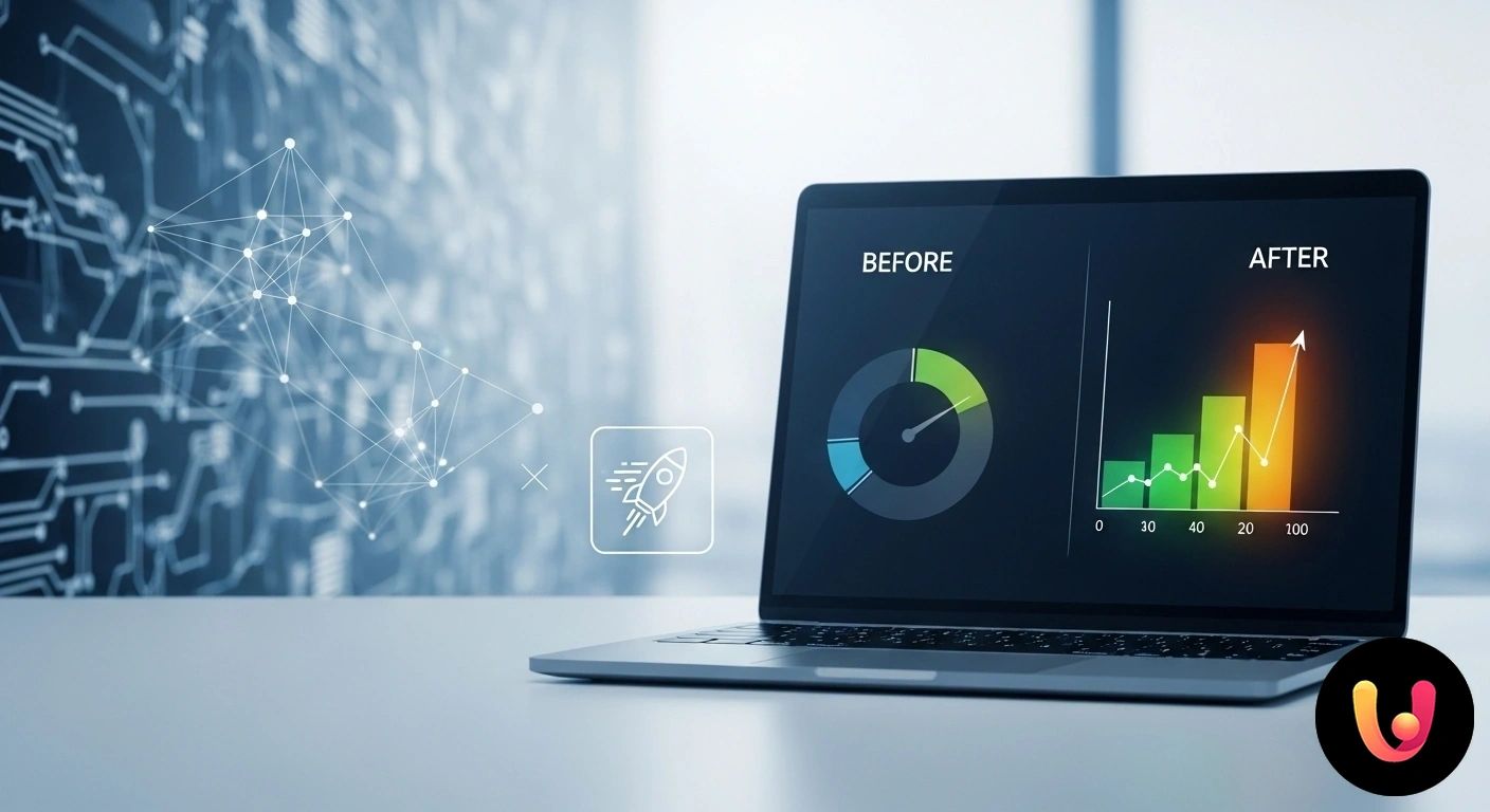 PC lento? Guida completa per ottimizzare le performance del tuo computer. Interfaccia grafica con indicatori di performance di un computer che mostrano un evidente miglioramento della velocità.