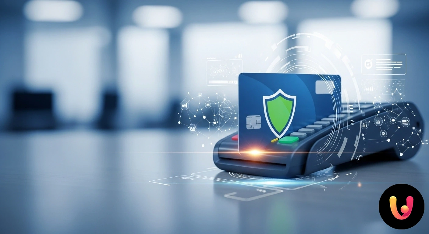 Sicurezza Pagamenti Elettronici: La Guida per Transazioni Protette Persona che effettua un pagamento digitale sicuro su un dispositivo, protetto da icone di un lucchetto e uno scudo.