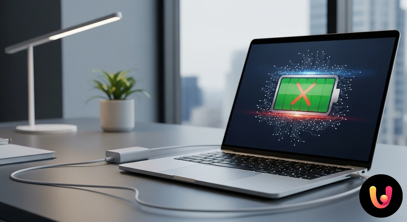 Batteria Mac non si carica? Risolvi subito il problema con le nostre soluzioni. Icona della batteria nella barra dei menu di macos che mostra lo stato 'non in carica' nonostante il simbolo del cavo di alim