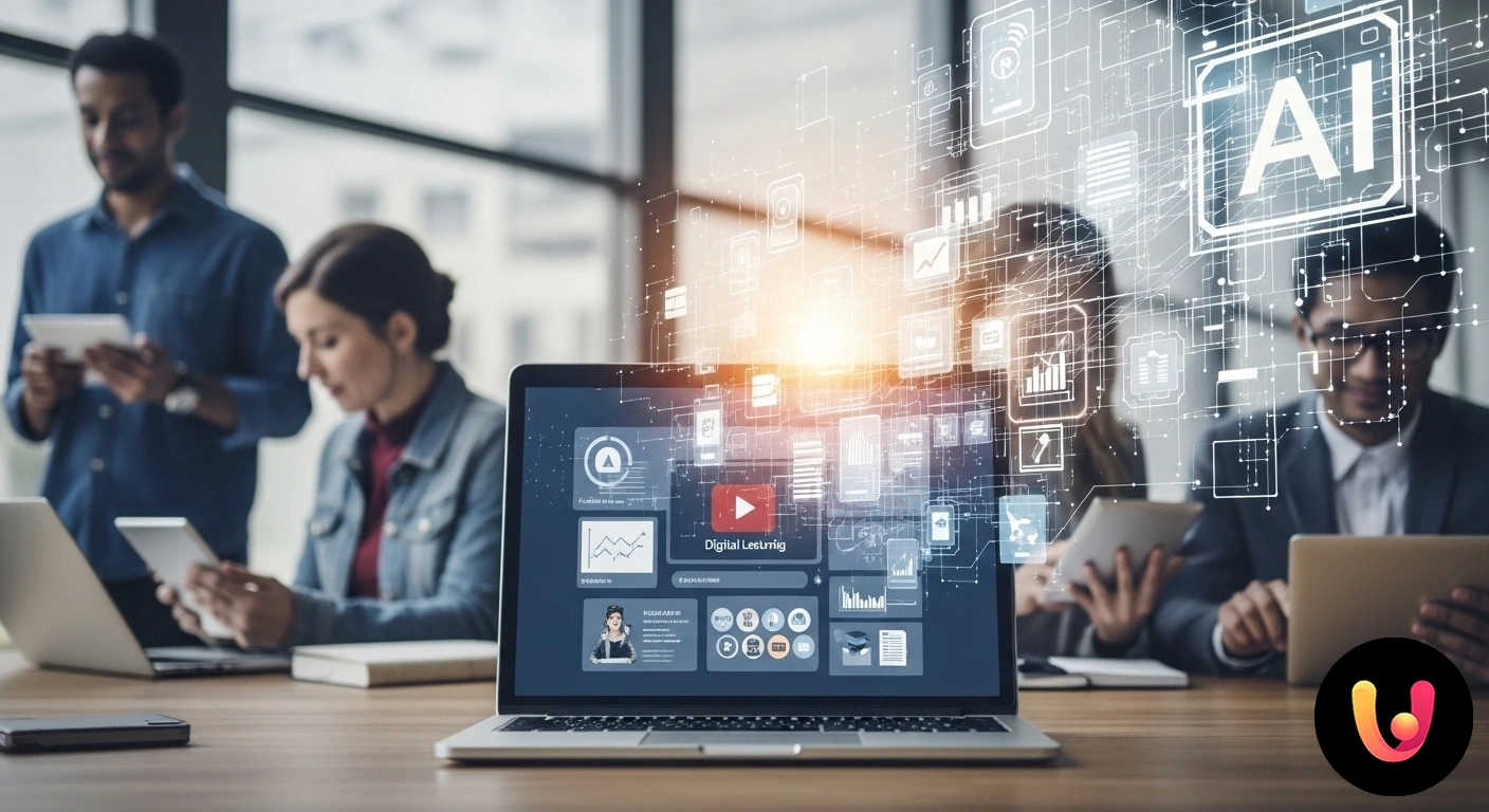 Intelligenza Artificiale: potenzia il tuo studio online e impara più velocemente. Studente che interagisce con un'interfaccia di intelligenza artificiale su laptop per l'analisi di dati e l'apprendimento.