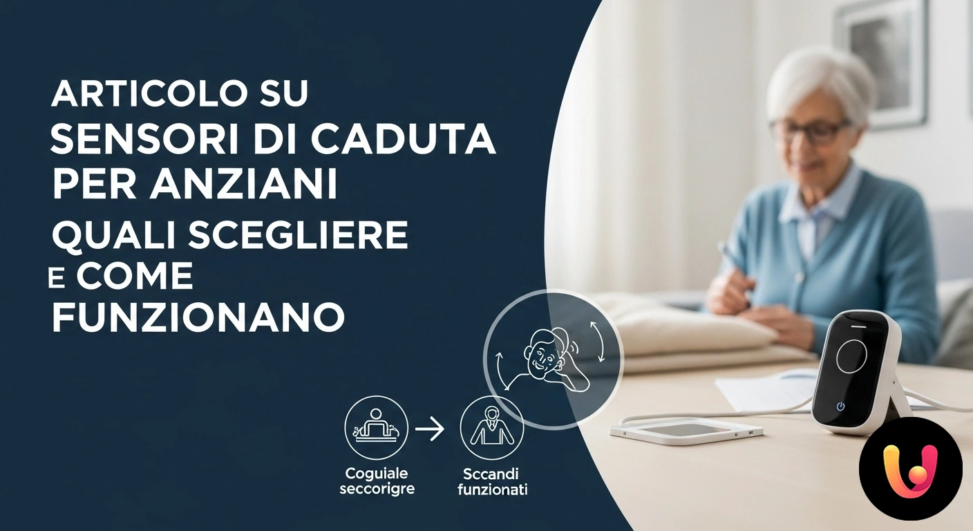 Sensori di caduta per anziani: guida alla scelta del dispositivo di sicurezza più adatto. Anziana signora sorridente indossa un dispositivo salvavita anticaduta a ciondolo nel salotto di casa.