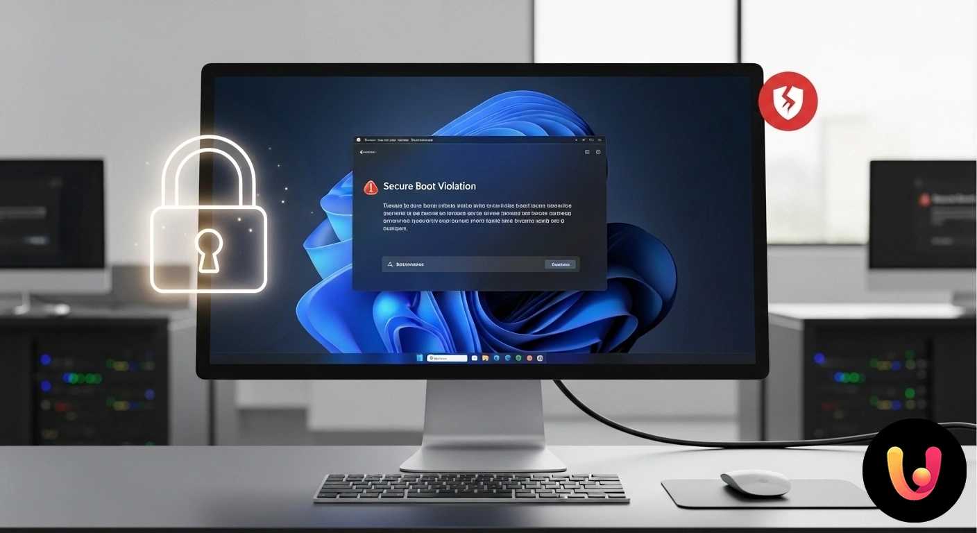 Problemi con Secure Boot? Risolvi gli errori più comuni su desktop. Schermata del bios uefi che mostra un messaggio di avviso relativo a un errore di secure boot su un monitor di computer.