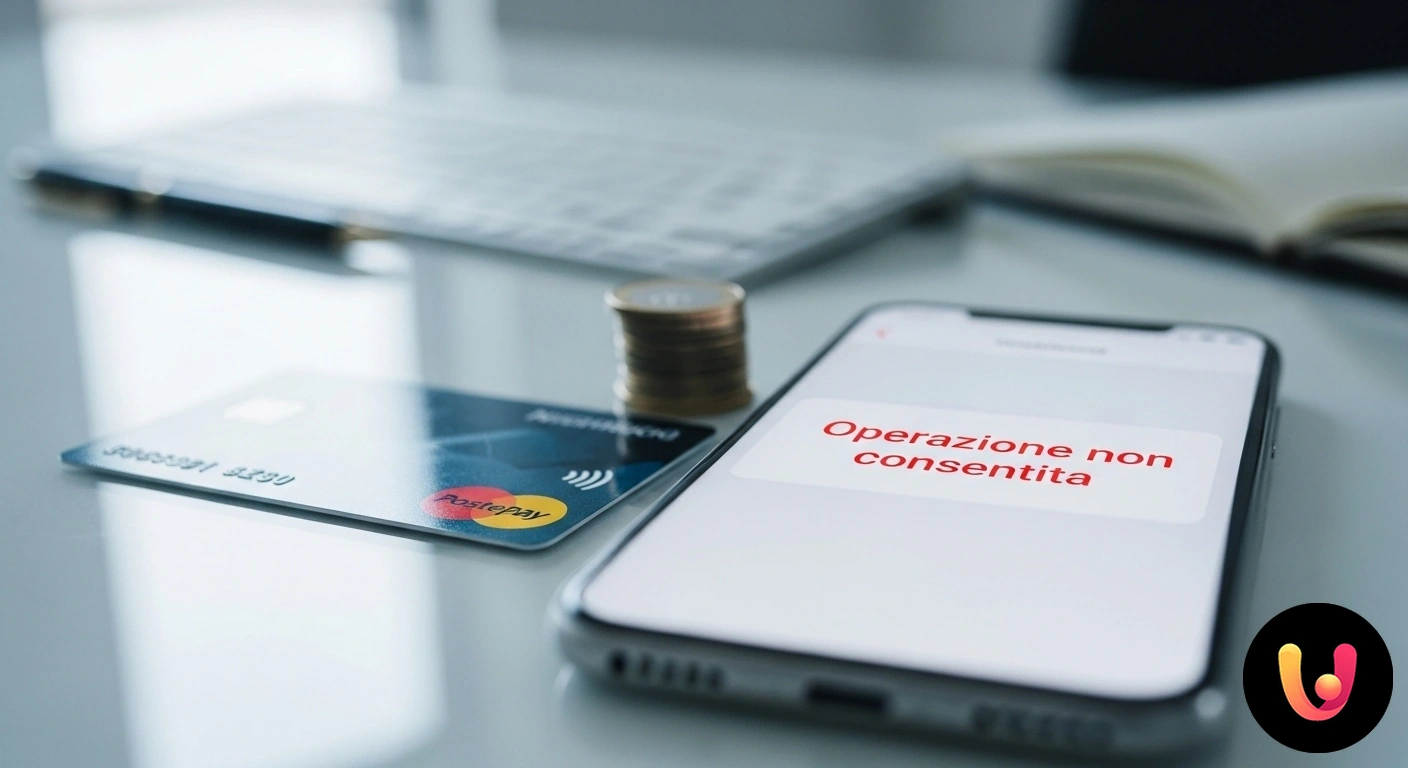 Postepay bloccata? Scopri cosa significa 'Operazione non consentita' e come risolvere subito. Smartphone che mostra una notifica di errore 'operazione non consentita' durante un pagamento online con carta postepay.