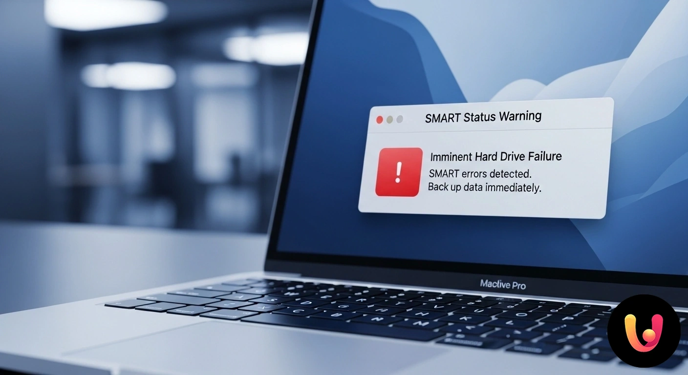 Rilevato errore S.M.A.R.T. su Mac? Scopri come intervenire subito. Finestra di utility disco su macos che mostra un avviso di errore per lo stato s.m.a.r.t. di un hard disk.