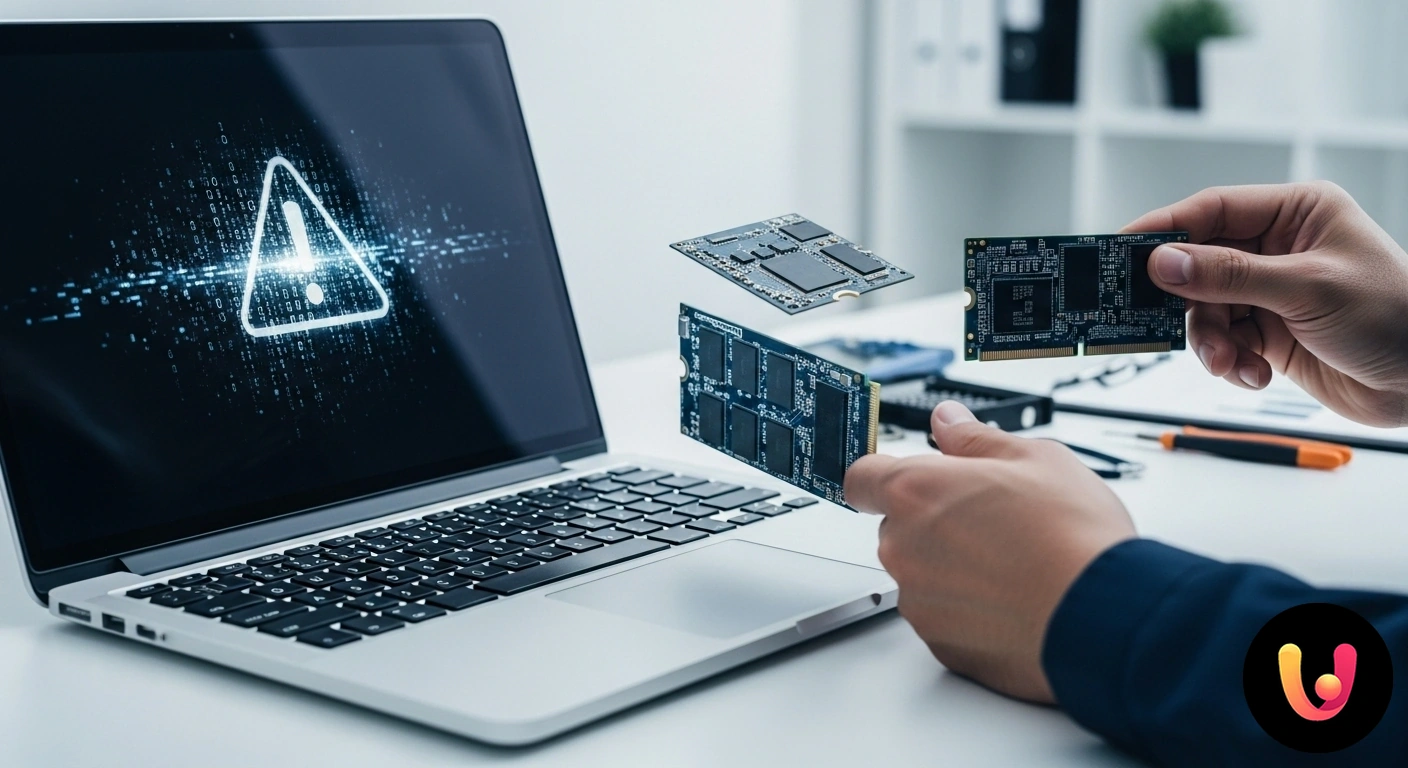 SSD guasto: come riconoscere i segnali e prevenire la perdita di dati importanti sul tuo laptop. Tecnico specializzato indica l'unità a stato solido (ssd) all'interno di un laptop smontato per una diagnosi di guasto.
