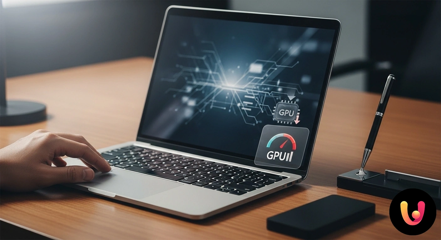 Scheda grafica low performance su Mac: come diagnosticarla e ottimizzarla. Grafico delle prestazioni gpu su laptop mac che evidenzia un'anomalia o un calo di performance con un'icona di avviso.
