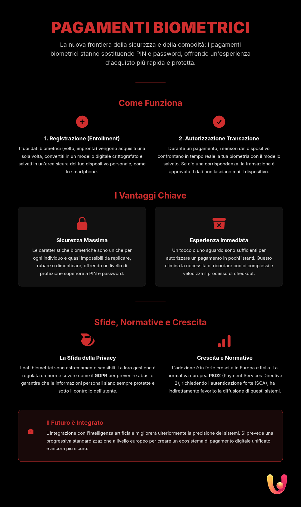 Addio PIN: pagamenti sicuri con volto e impronta - Infografica riassuntiva