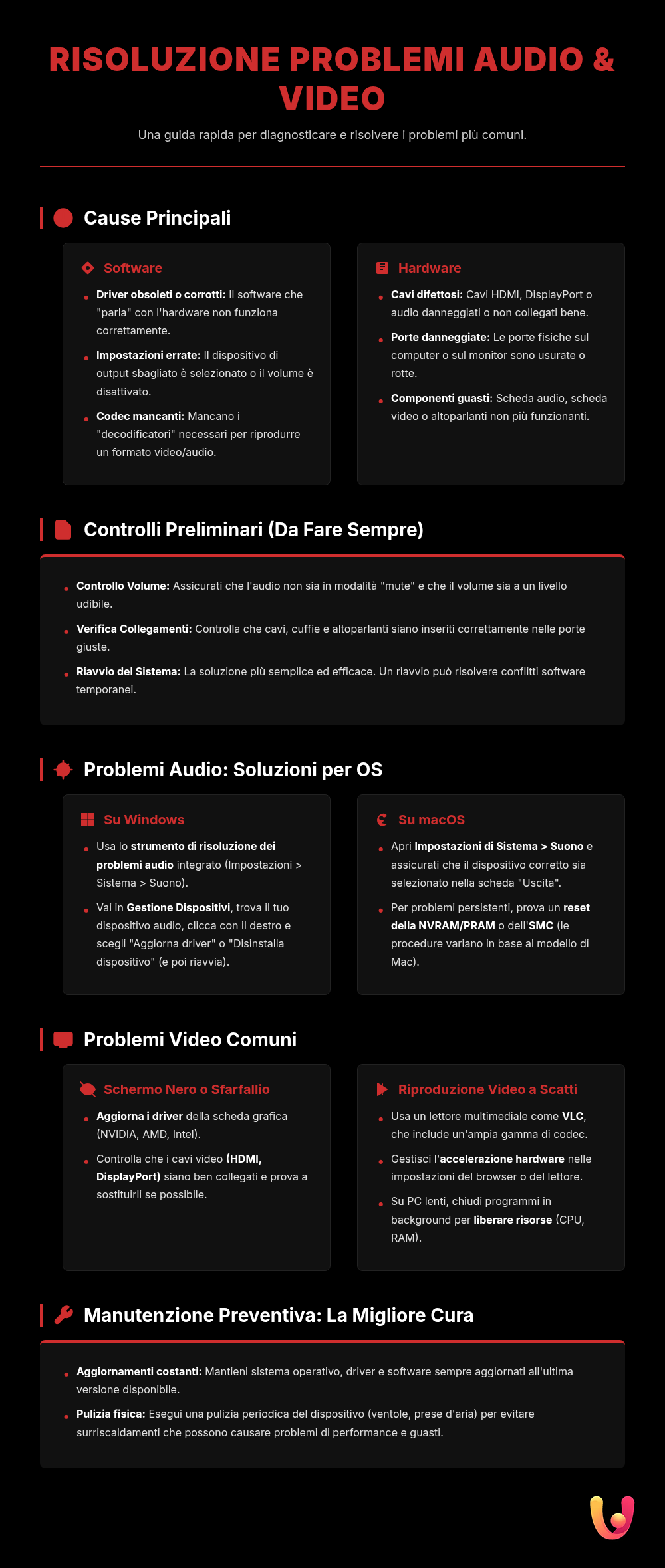 Audio e Video KO? La Guida Definitiva per Risolvere - Infografica riassuntiva