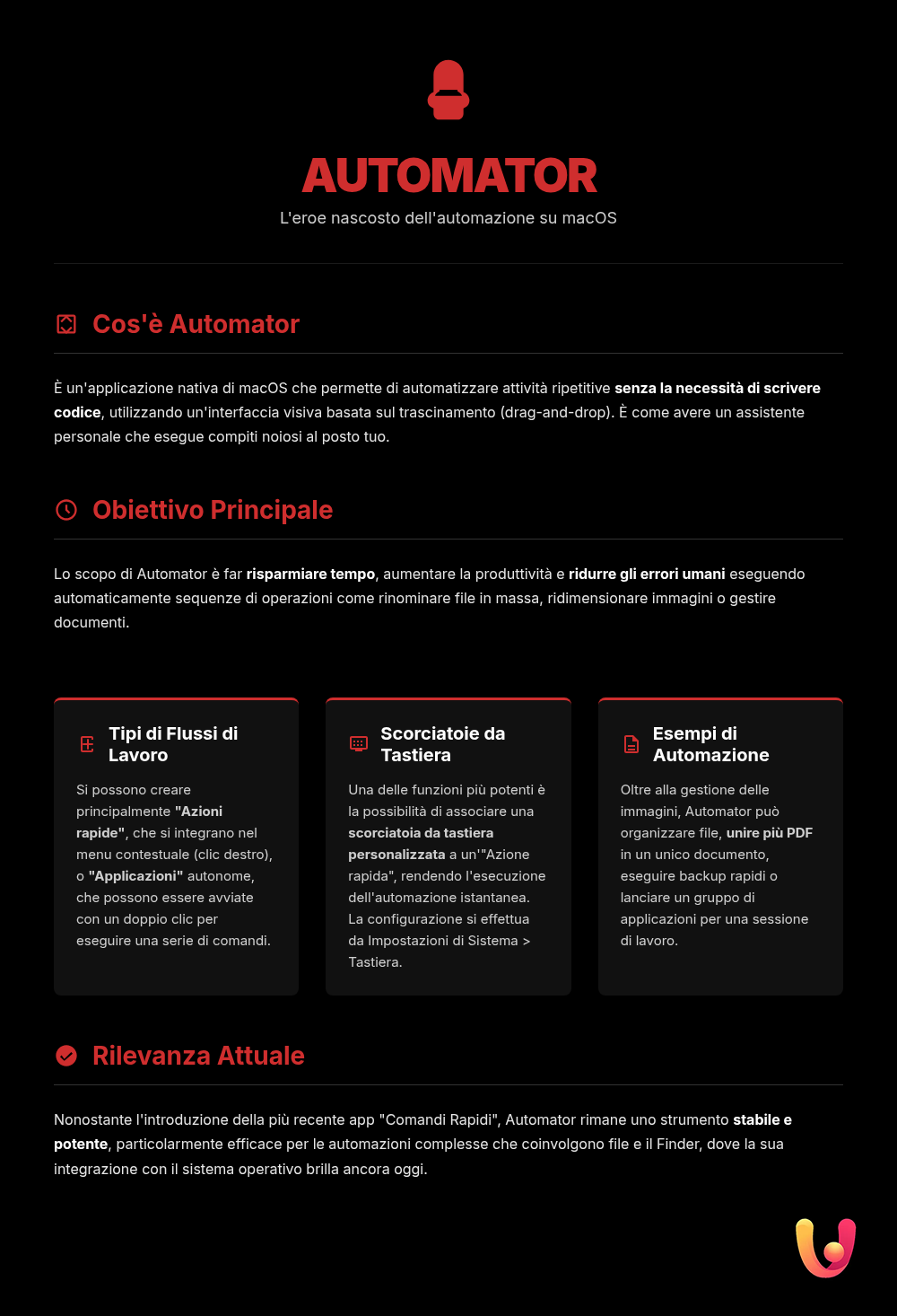 Automatizza il tuo Mac: Scorciatoie geniali con Automator - Infografica riassuntiva