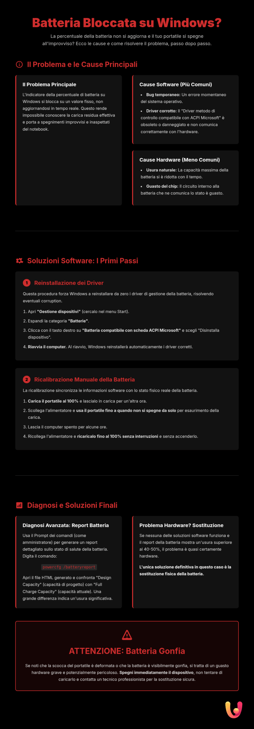 Batteria bloccata su Windows? La soluzione rapida e definitiva - Infografica riassuntiva