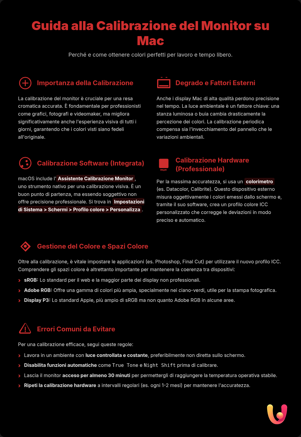 Calibrazione Monitor Mac: Guida a Colori Perfetti e Fedeli - Infografica riassuntiva