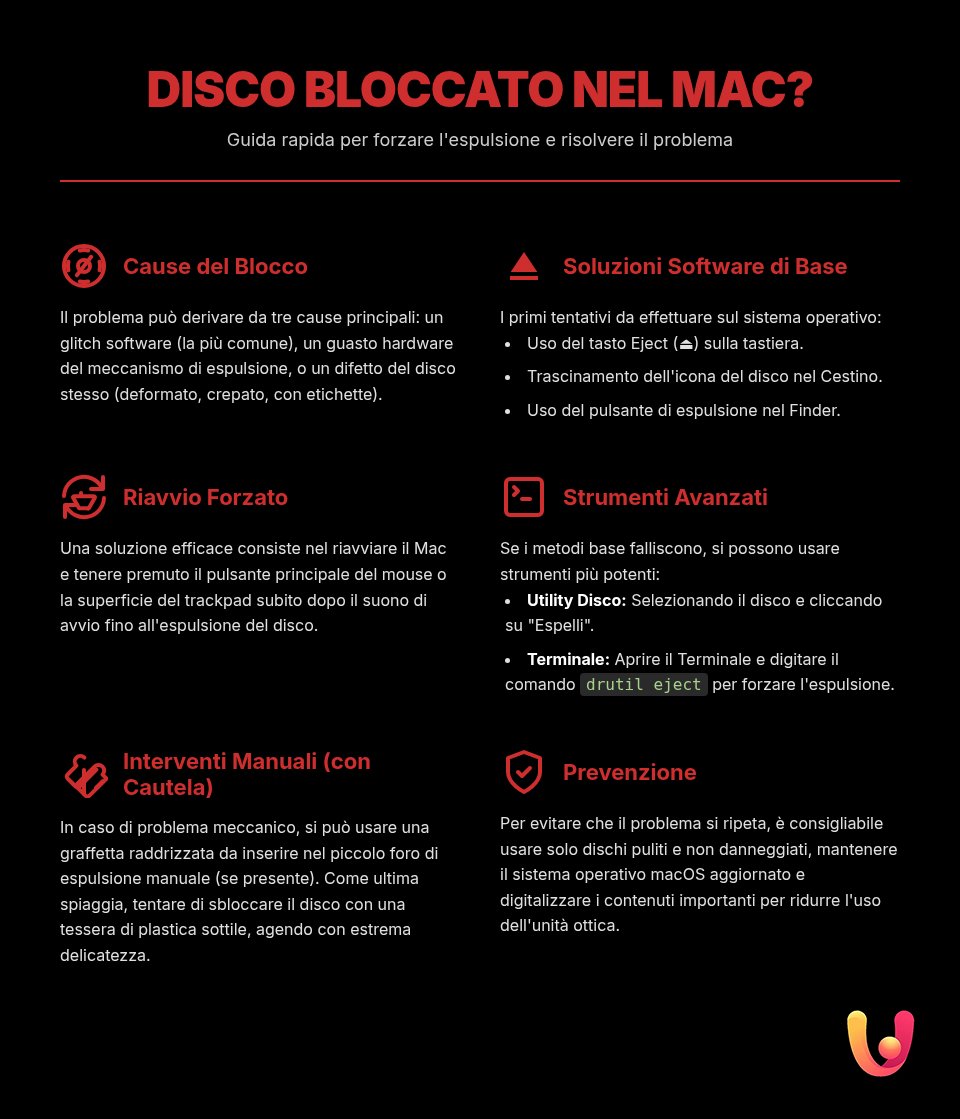 CD bloccato nel Mac? Soluzioni rapide per l'eject che non va - Infografica riassuntiva