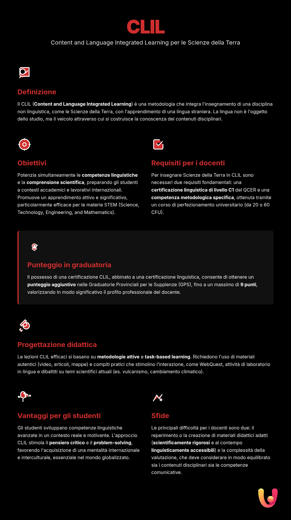 CLIL Scienze della Terra: guida a requisiti, lezioni e punti - Infografica riassuntiva