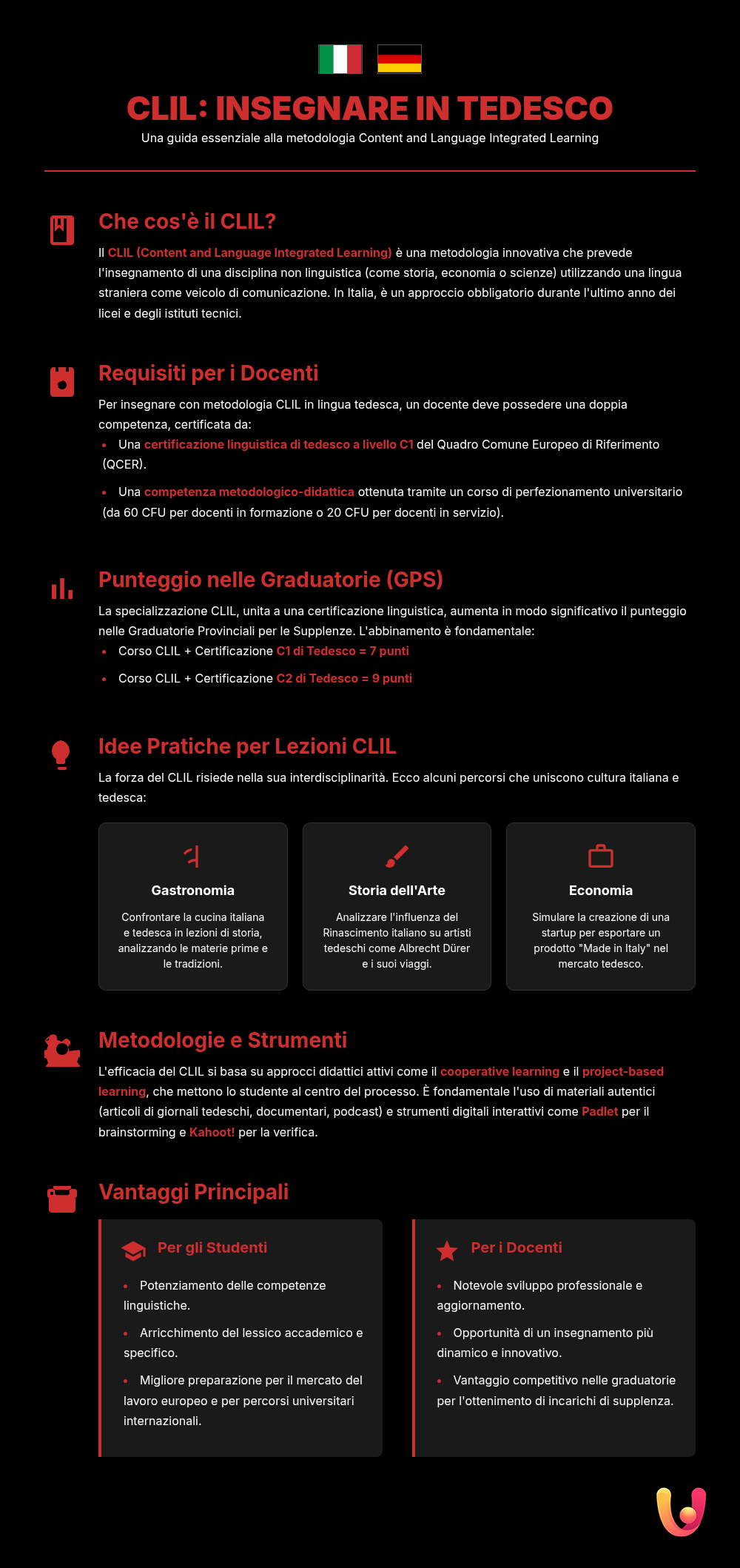 CLIL Tedesco: Guida a Requisiti, Punti e Lezioni Pronte - Infografica riassuntiva