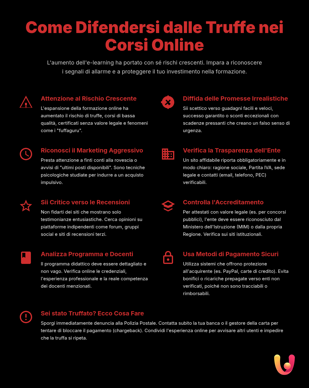 Corsi online: la guida per evitare le truffe 2025 - Infografica riassuntiva