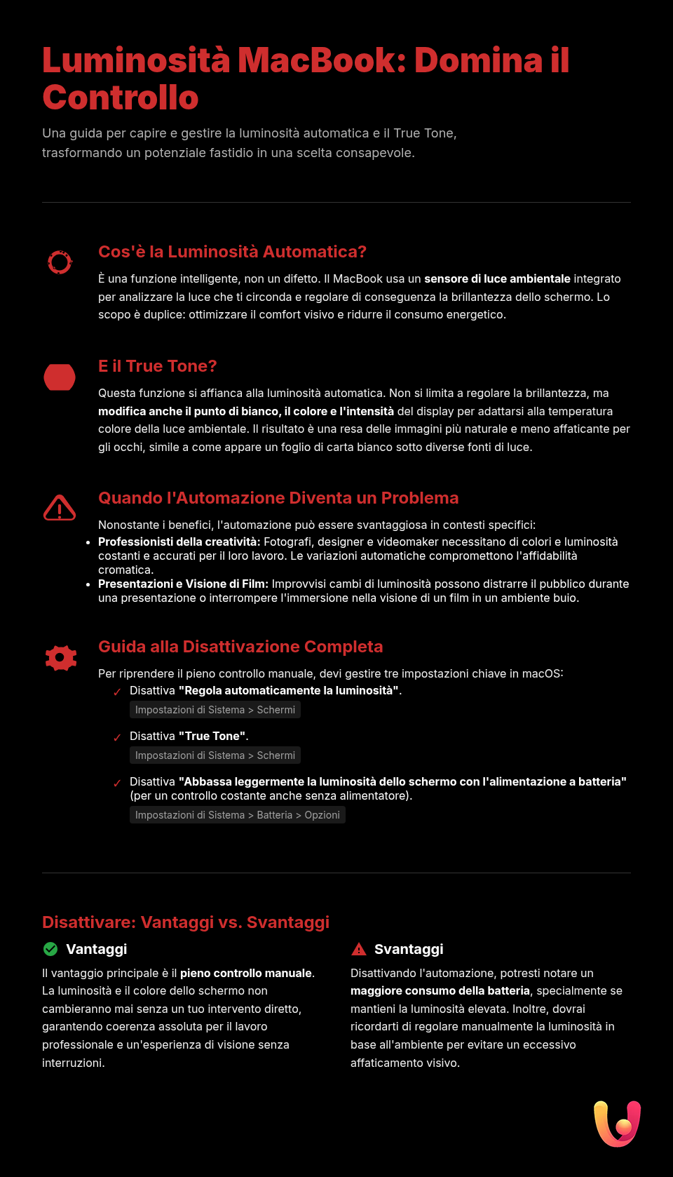 Dimming MacBook: come disattivare la luminosità automatica - Infografica riassuntiva