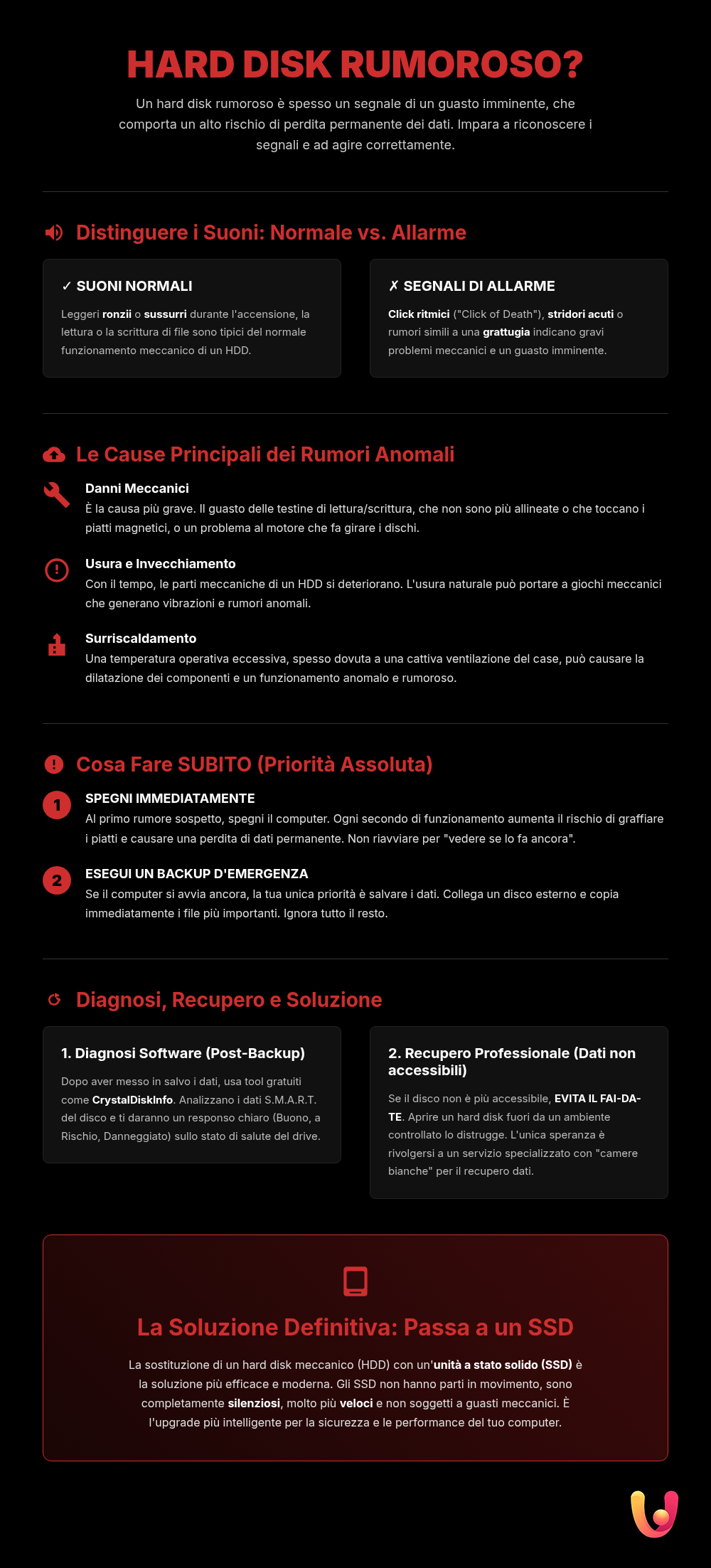 Hard disk rumoroso: cosa fare e come salvare i dati - Infografica riassuntiva