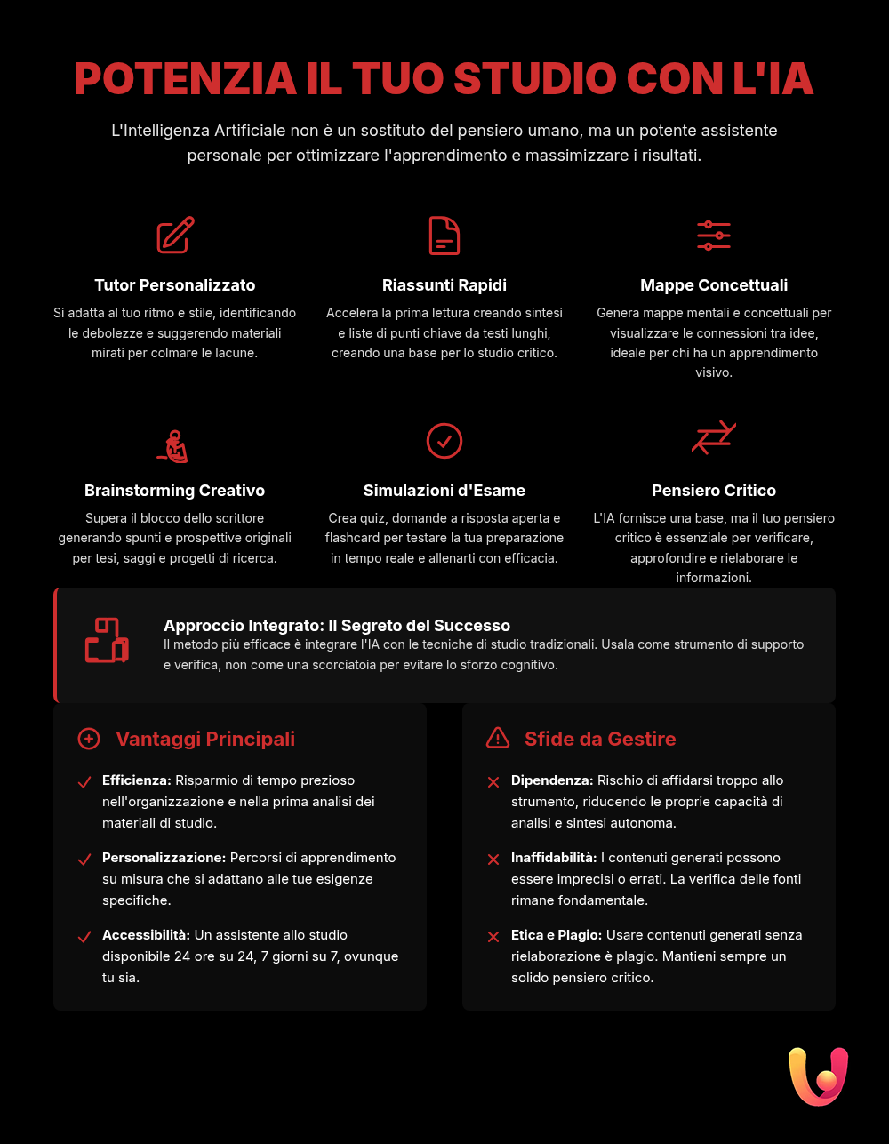 IA per lo studio: riassunti, mappe e metodo. Guida completa - Infografica riassuntiva