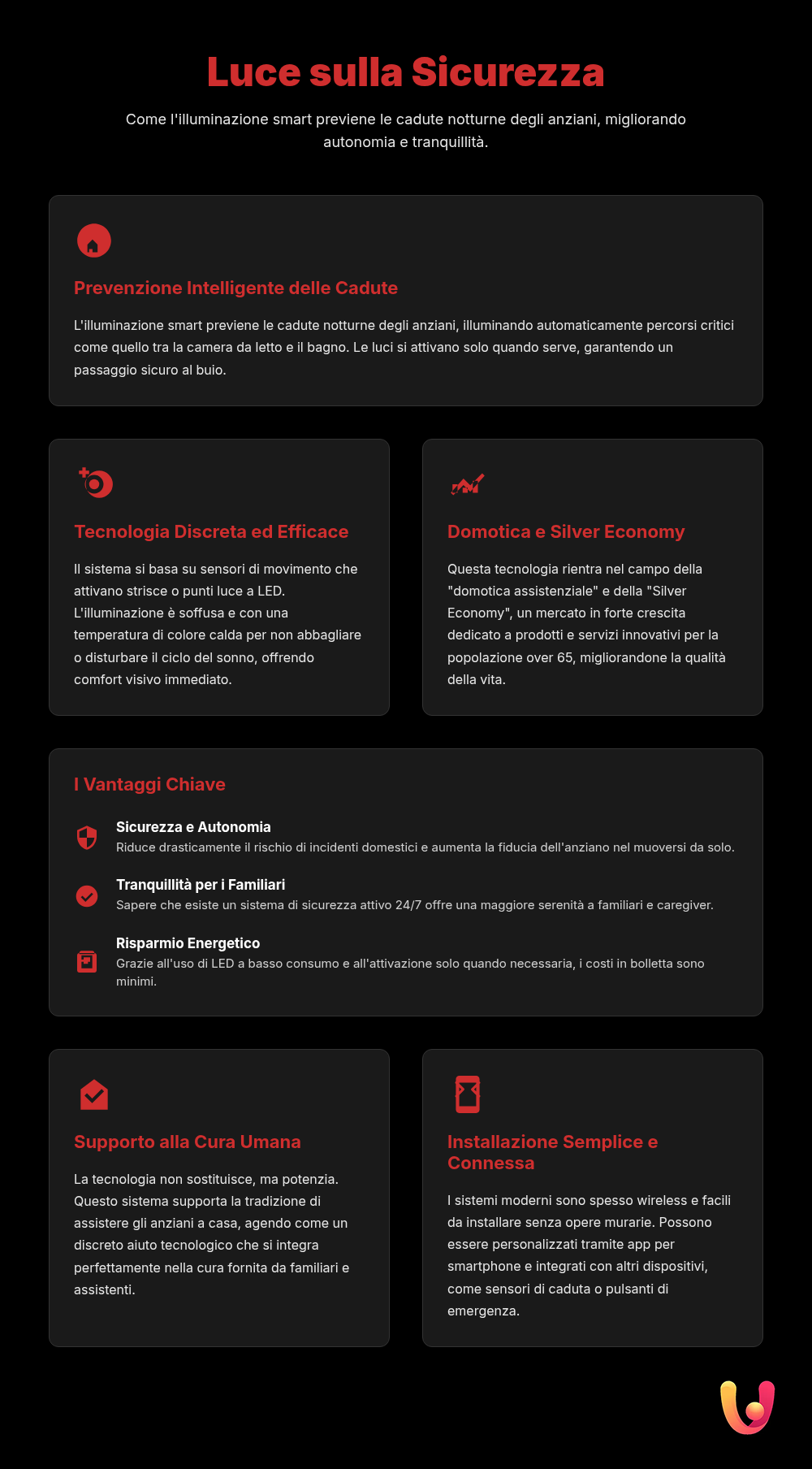 Illuminazione smart anziani: stop alle cadute notturne - Infografica riassuntiva