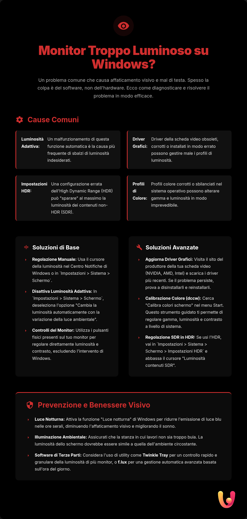 Monitor accecante su Windows? Risolvi subito il problema - Infografica riassuntiva