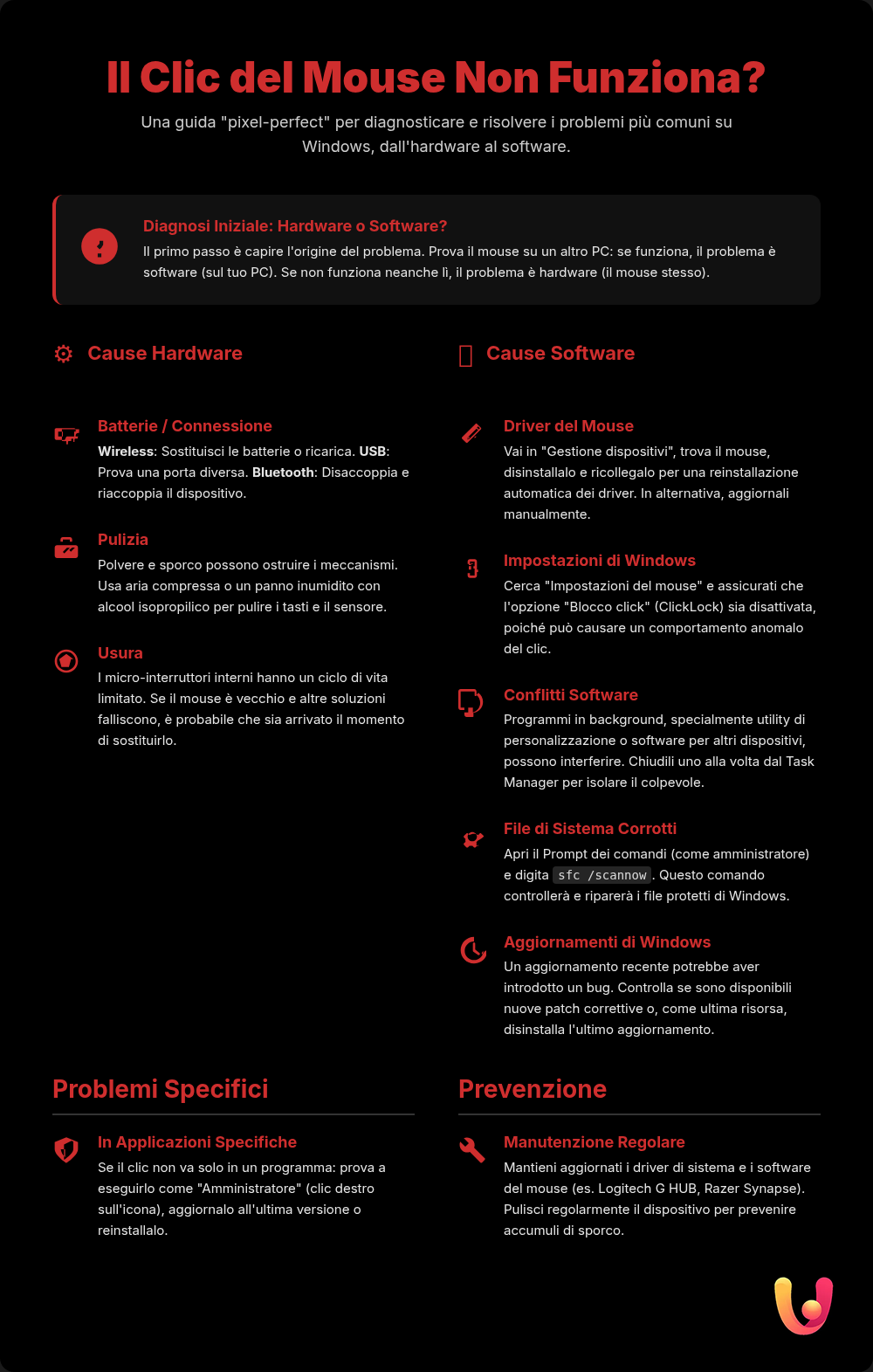 Mouse non clicca su Windows? Guida rapida per risolvere subito - Infografica riassuntiva