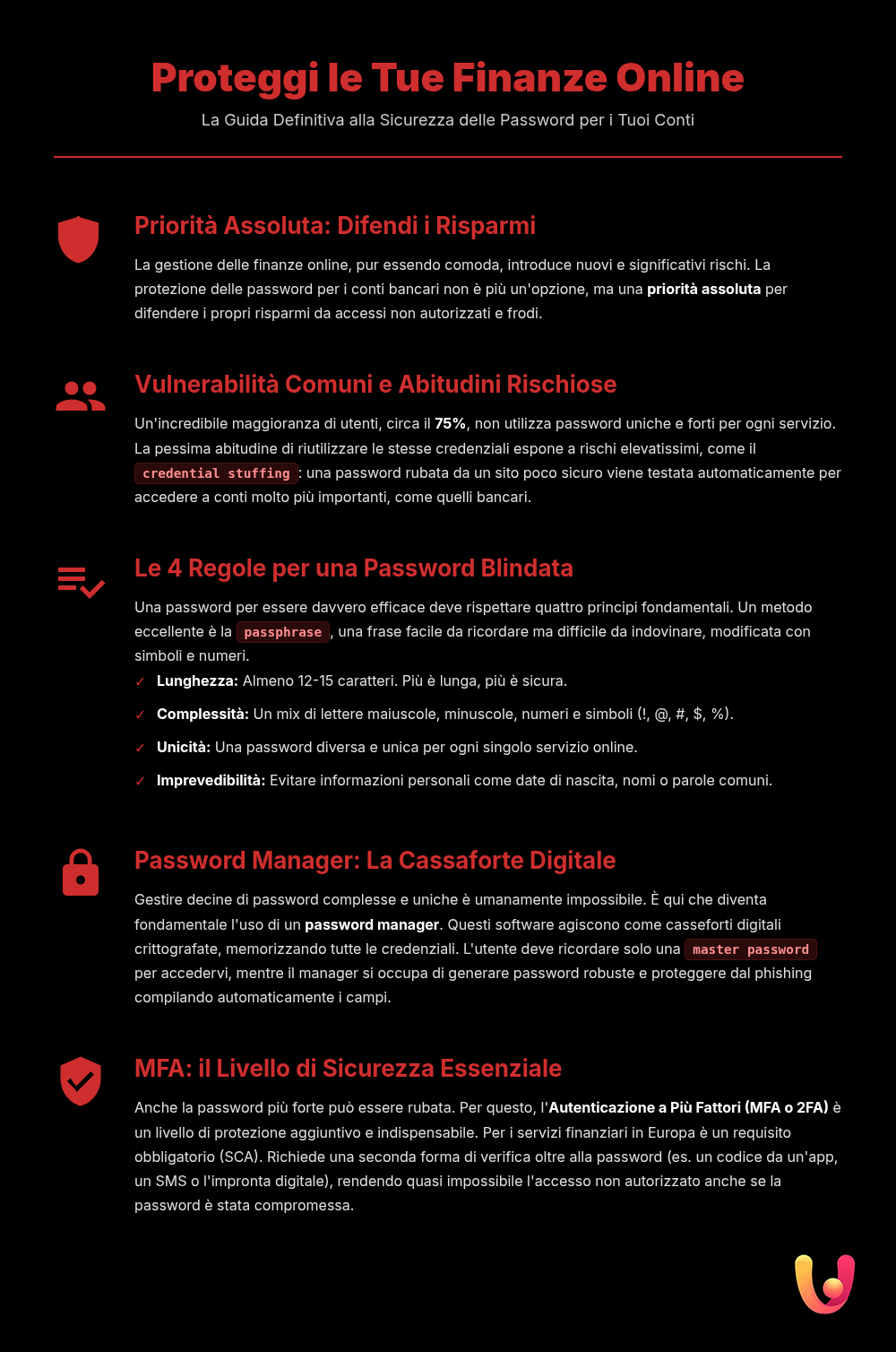 Password conti online: guida anti - hacker per i tuoi risparmi - Infografica riassuntiva
