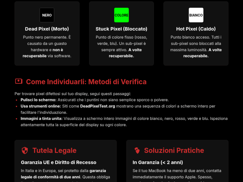 Infografica: Pixel Morti MacBook: Guida per Riconoscerli e Agire Subito