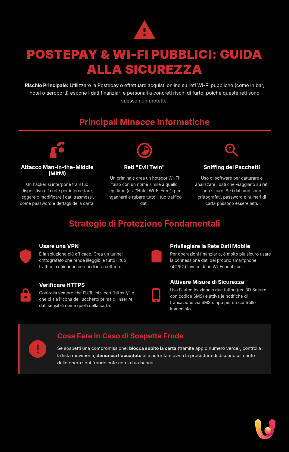 Postepay e Wi - Fi pubblico: come ti rubano i dati - Infografica riassuntiva