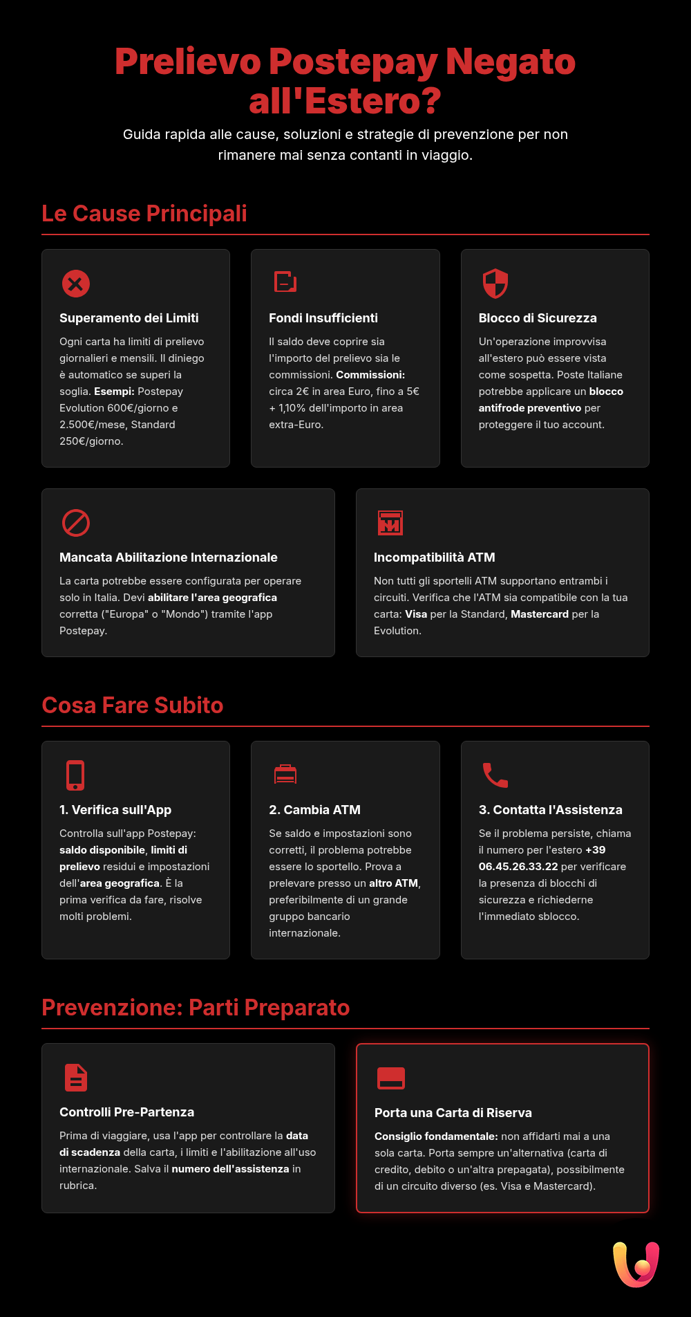 Postepay estero: prelievo negato, che fare? - Infografica riassuntiva