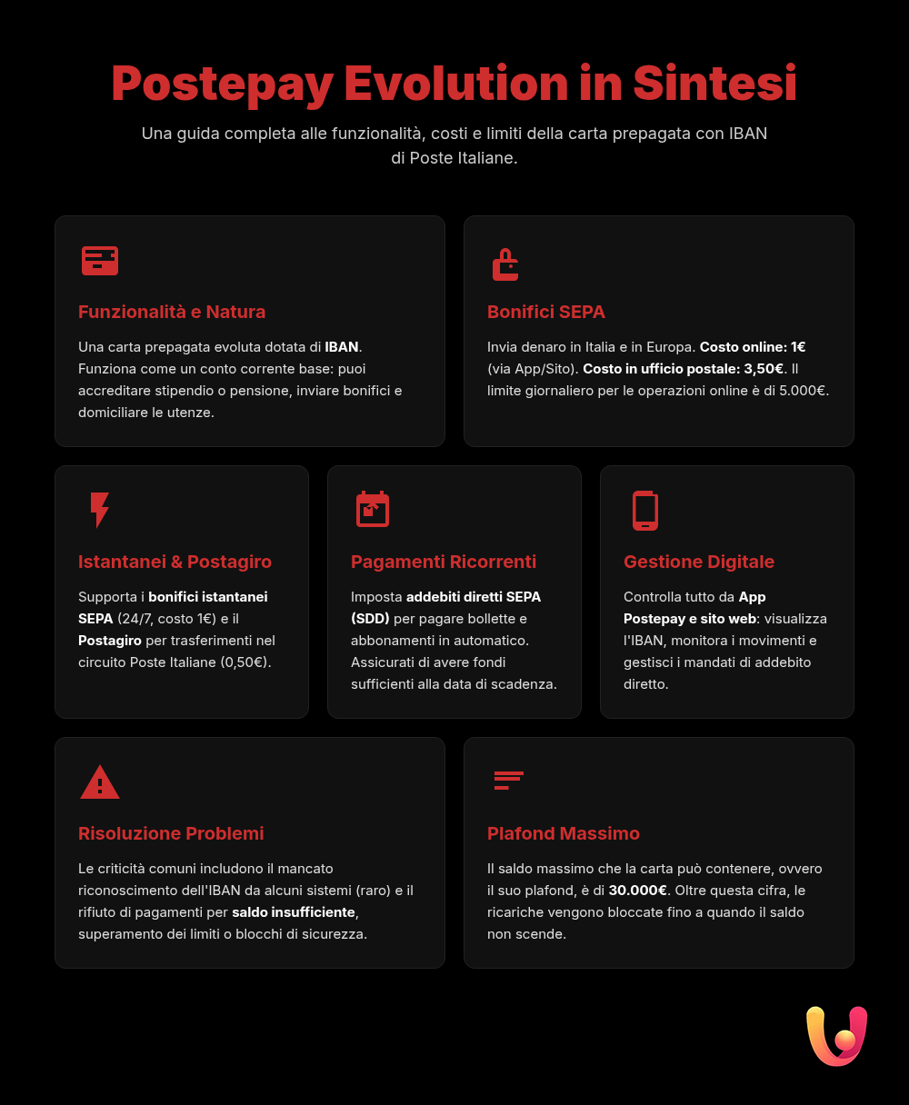 Postepay Evolution: Guida a Bonifici, IBAN e Pagamenti Recorrenti - Infografica riassuntiva
