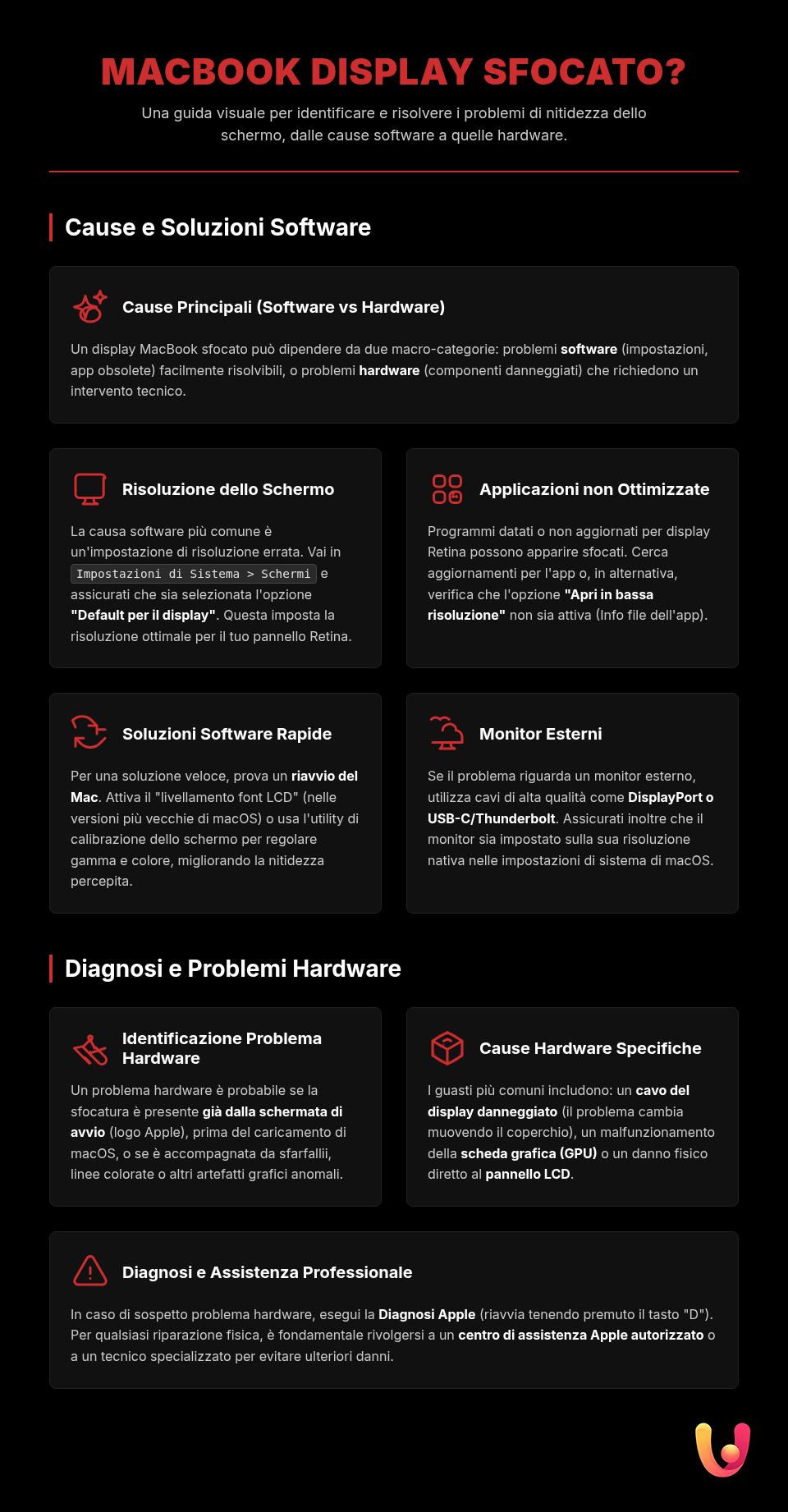 Ecran MacBook neclar: cauze și soluții rapide - Infografic rezumativ