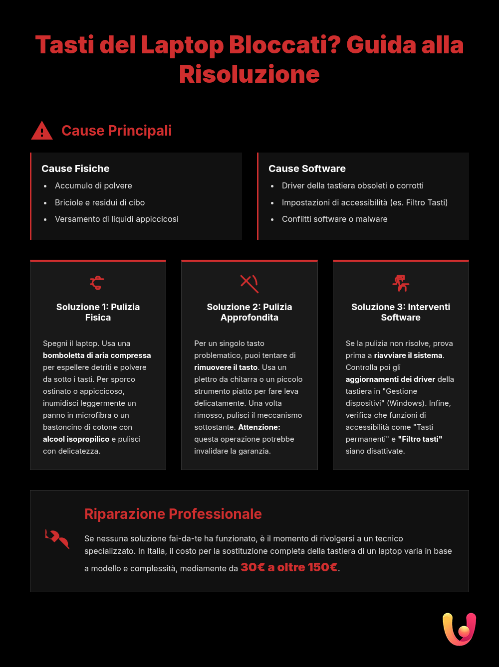 Tasti bloccati sul laptop? Guida rapida per sbloccarli subito - Infografica riassuntiva