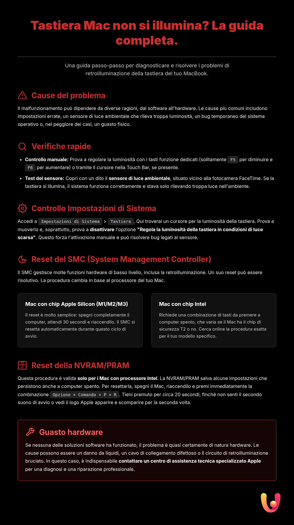 Tastiera retroilluminata Mac non funziona? Guida per risolvere - Infografica riassuntiva
