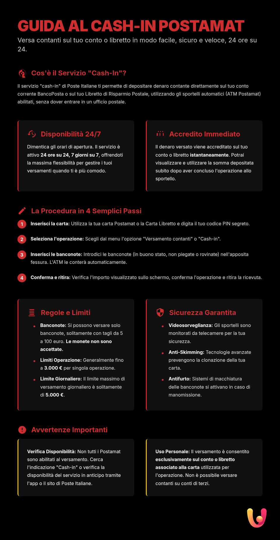 Versare contanti al Postamat: Guida completa - Infografica riassuntiva