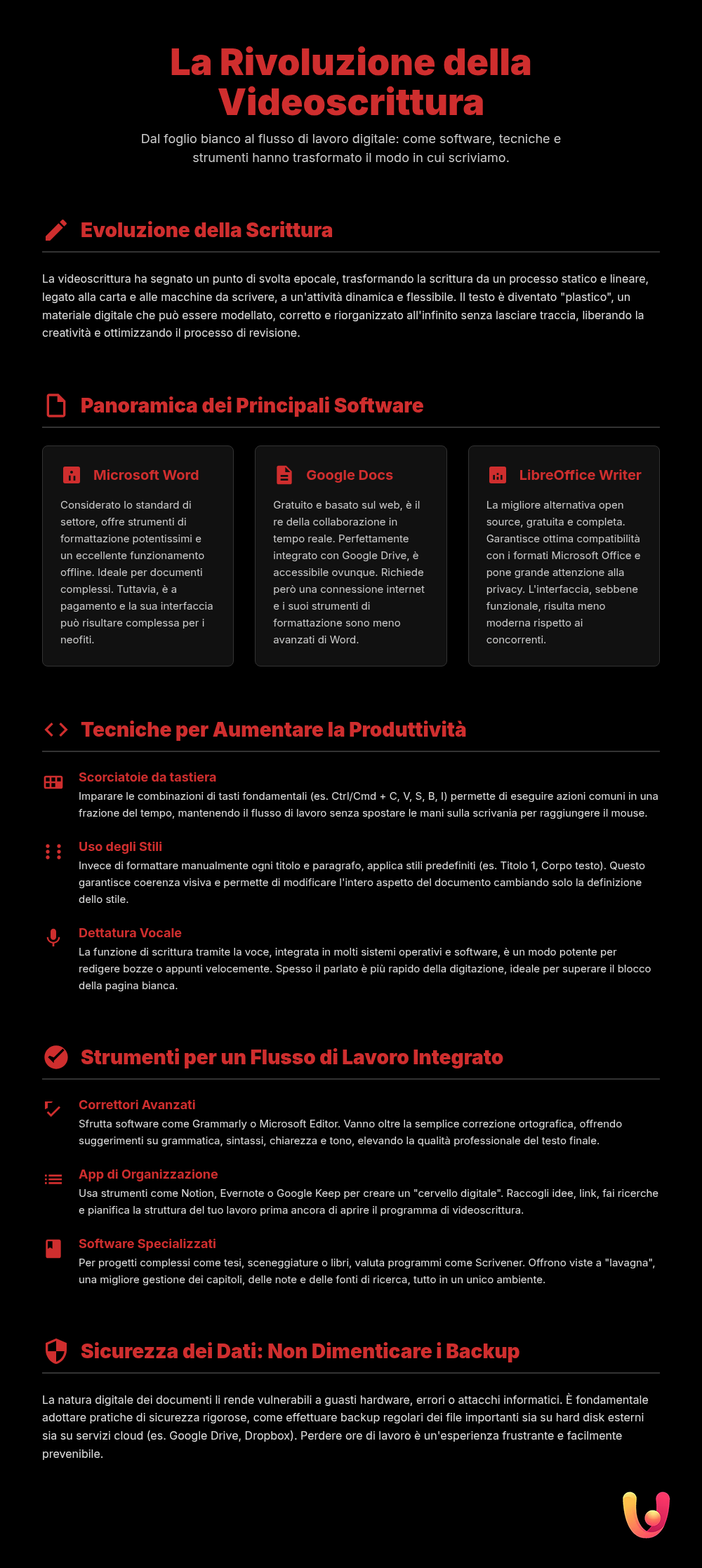 Videoscrittura: trucchi per scrivere veloci su PC e Mac - Infografica riassuntiva