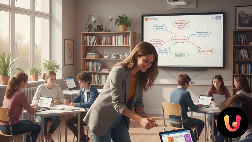 Guida all'Insegnamento nella Scuola Italiana 2025. Guida completa all'insegnamento nella scuola italiana, con un'insegnante che aiuta uno studente in un'aula moderna.