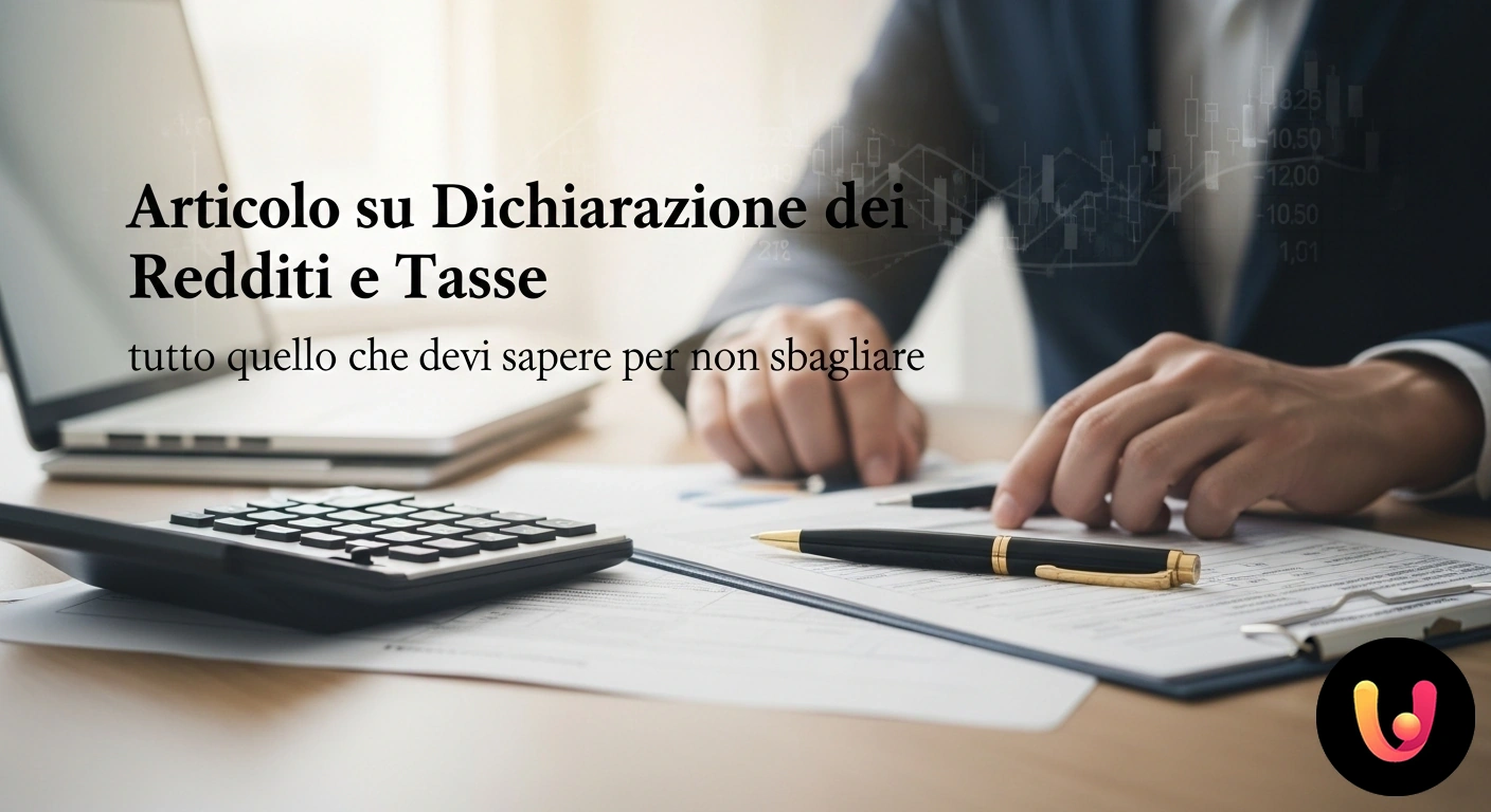 Contribuente al computer che consulta documenti fiscali e usa una calcolatrice per la compilazione del modello 730.