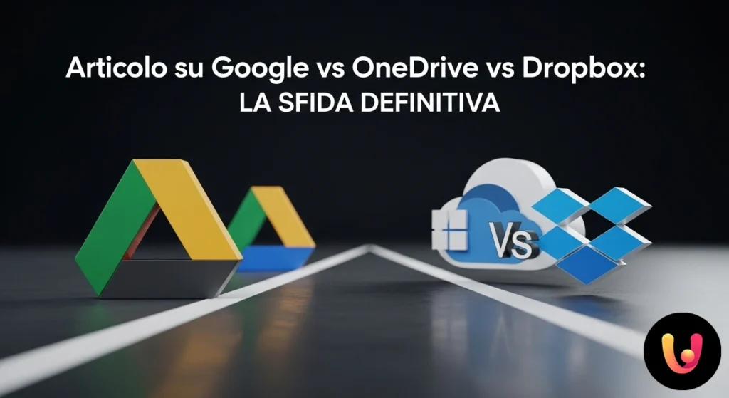 Loghi dei servizi cloud google drive, onedrive e dropbox affiancati, a simboleggiare il confronto tra le piattaforme.